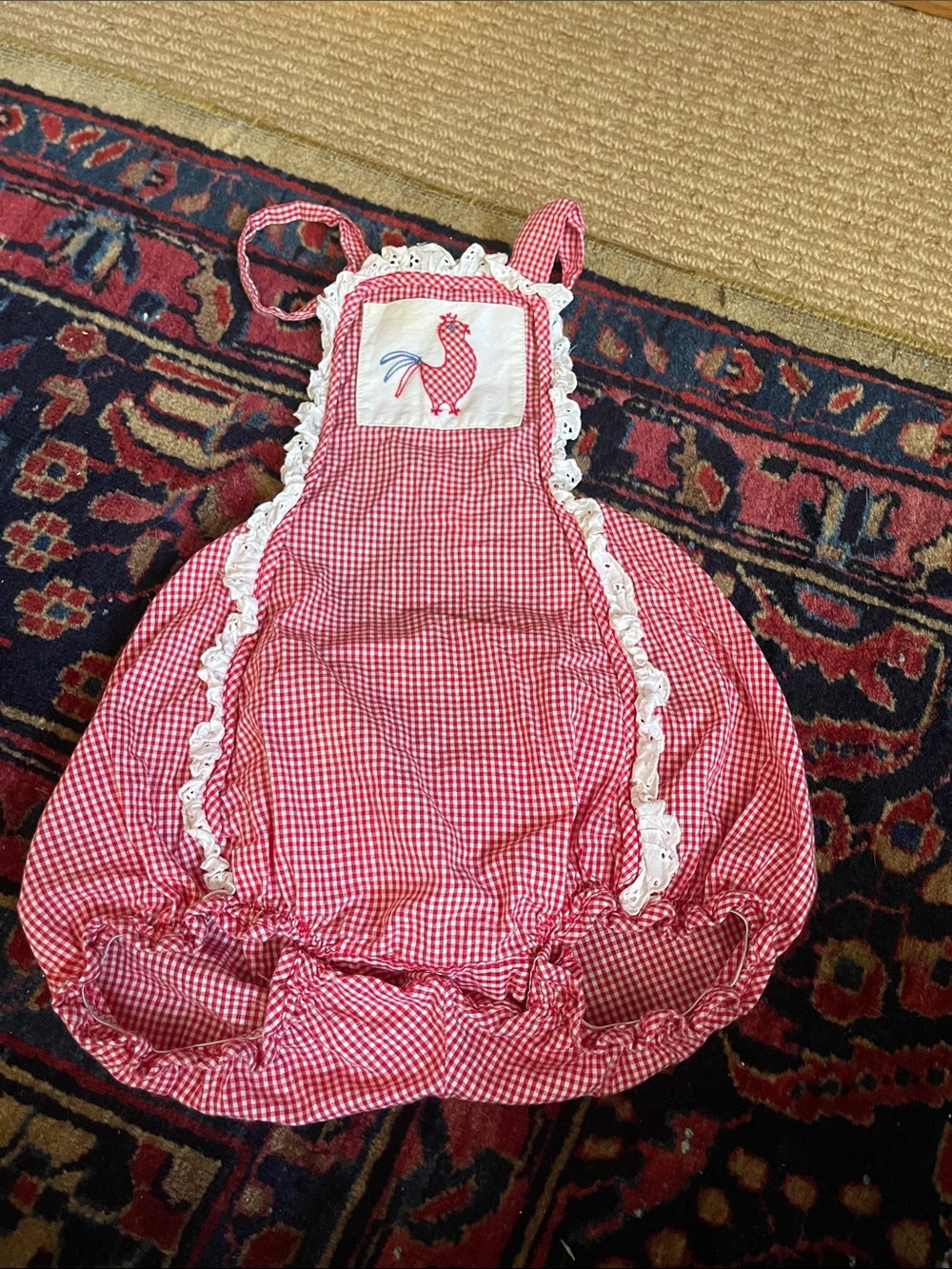 Red Gingham antique baby romper with  Rooster Embroidery